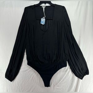NEW Free People Intimately Smockin’ & Rockin’ Long Sleeve Satin Bodysuit Black L